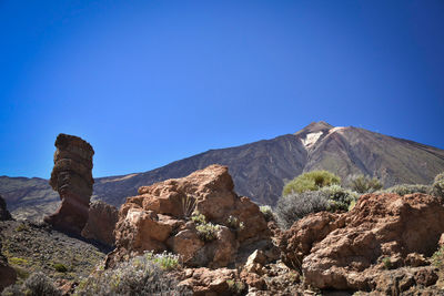 Scenic view of mountains against clear blue sky