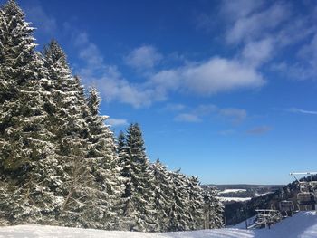 Snow covered landscape against blue sky