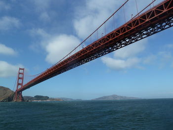 Low angle view of suspension bridge against cloudy sky