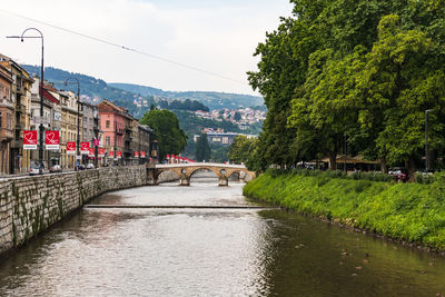 Bridge over river amidst buildings in city