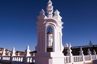 Low angle view of people outside building against clear blue sky