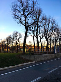 Empty road by bare trees against sky