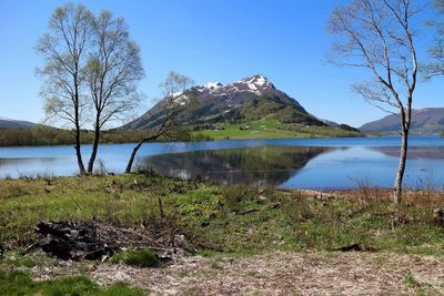 Scenic view of calm lake against clear sky