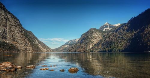 Scenic view of lake against blue sky