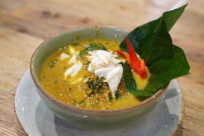 Close up southern thai curry soup with crab