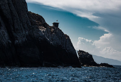 Rock formations by sea against sky