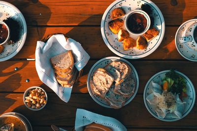 High angle view of food served on table