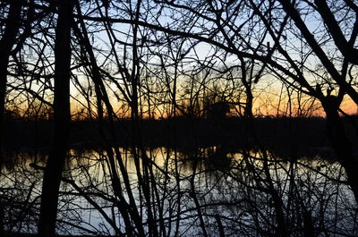 Silhouette bare trees by lake against sky at sunset