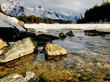 Scenic view of lake by snow mountains against sky