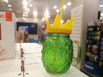 Close-up of drink in glass jar on table