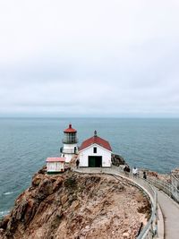 Lighthouse by sea against sky