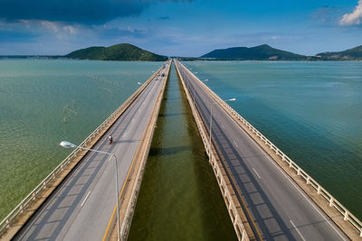 High angle view of road by sea against sky