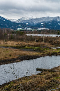 Scenic view of lake by snowcapped mountains against sky