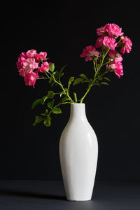 Close-up of vase on table against black background