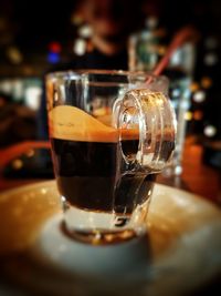 Close-up of beer in glass on table