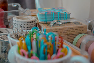 Close-up of multi colored candies on table