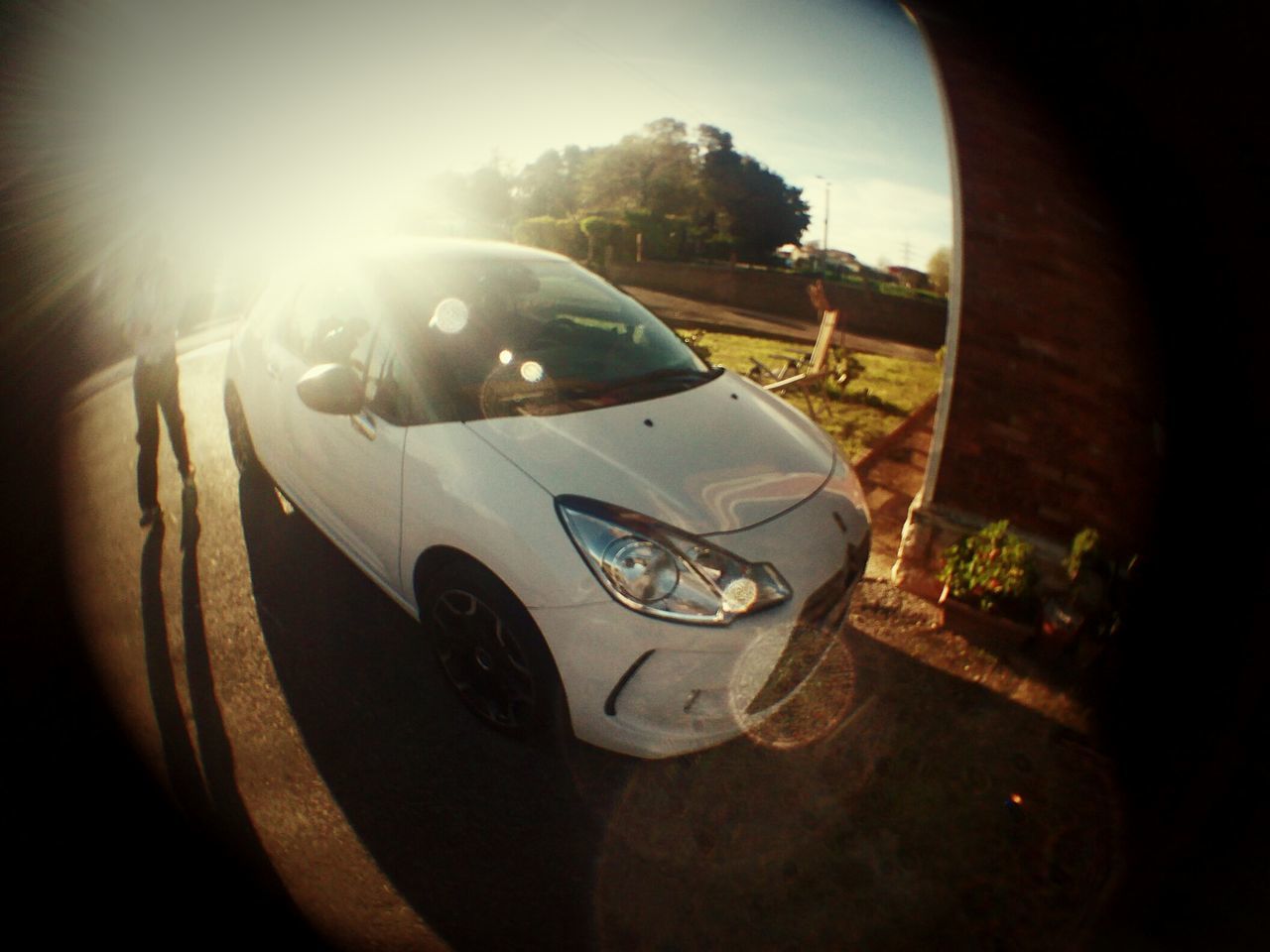 sun, sunlight, lens flare, sunbeam, transportation, mode of transport, tree, sky, fish-eye lens, sunny, land vehicle, day, auto post production filter, part of, outdoors, car, nature, reflection