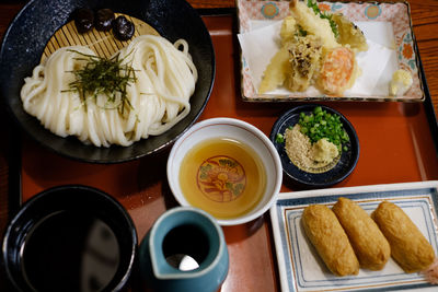 High angle view of breakfast on table