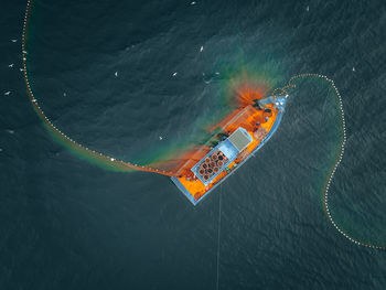 Aerial view of ship in sea