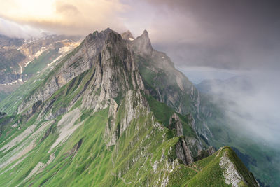 Scenic view of mountains against sky during sunset