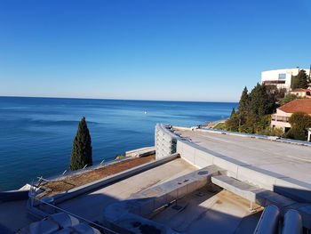 High angle view of sea against clear blue sky