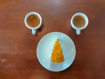 High angle view of breakfast on table