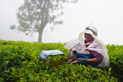 Portrait of woman working in a tea plantation