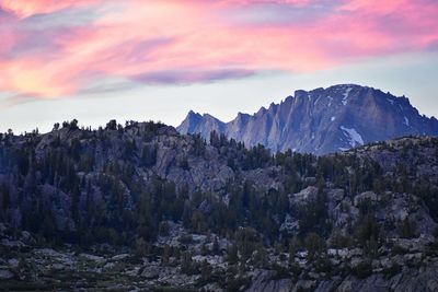 Scenic view of mountains against sky during sunset