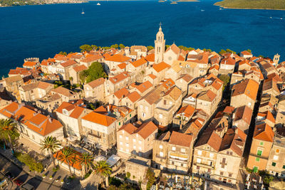 Aerial view of korcula town on korcula island, adriatic sea, croatia