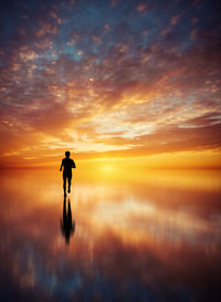 Silhouette of man in lake against dramatic sky