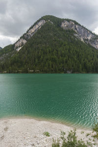 Scenic view of lake by trees against sky