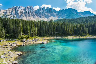Enchanted panorama. lake of carezza. dolomites, italy