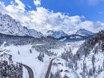 Mountain in the snow. sappada, geometries and panoramas from above.