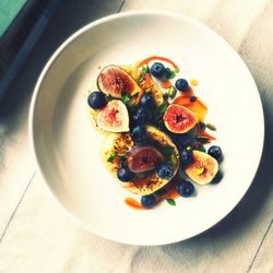 High angle view of fruits in bowl on table