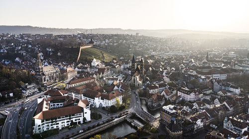 High angle shot of townscape against sky