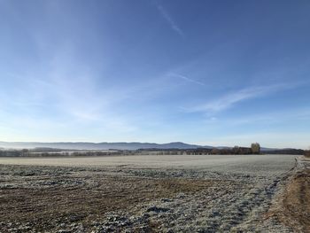 Scenic view of agricultural field against blue sky