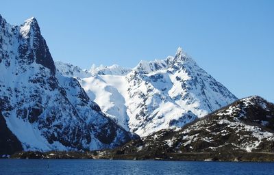 Scenic view of snowcapped mountains against clear blue sky