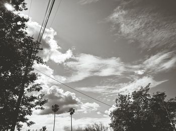 Low angle view of power lines against cloudy sky