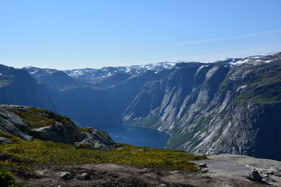 Scenic view of river against clear blue sky