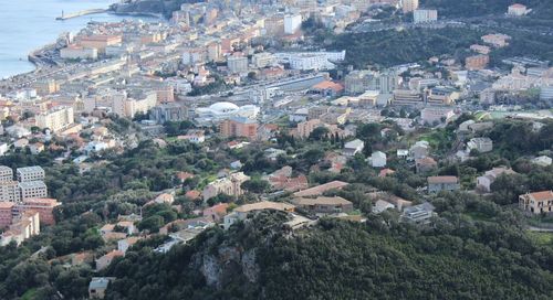 High angle view of city and mountain