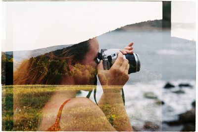 Digital composite image of man photographing