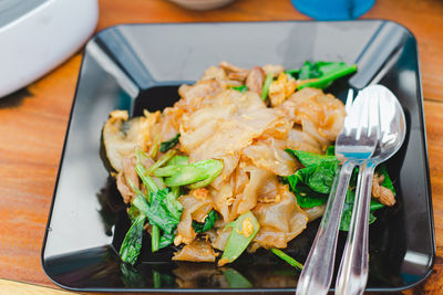 High angle view of food in plate on table