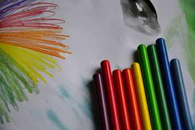 High angle view of colorful pencils