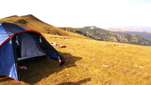 High angle view of tent on mountain against sky