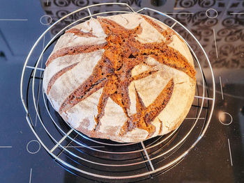 High angle view of cake in plate on table
