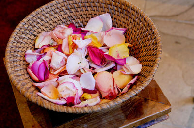 High angle view of flowers in basket