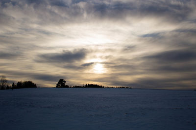 Scenic view of snow covered landscape against cloudy sky