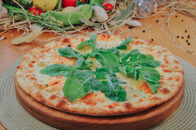 High angle view of pizza on table