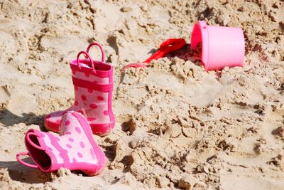 Pink bottle on sand at beach