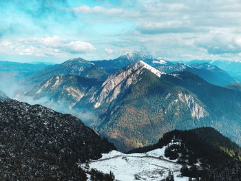 Aerial view of snowcapped bavarian mountains, jochberg, seen from herzogstand against sky